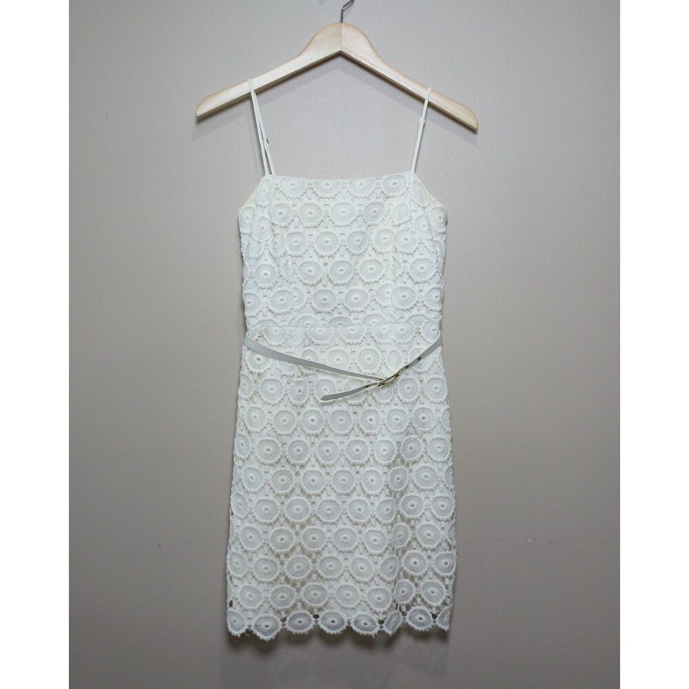Trina Turk Ivory Eyelet Lace Sheath Dress Belted Cotton Silk 4 Homecoming - Picture 2 of 8